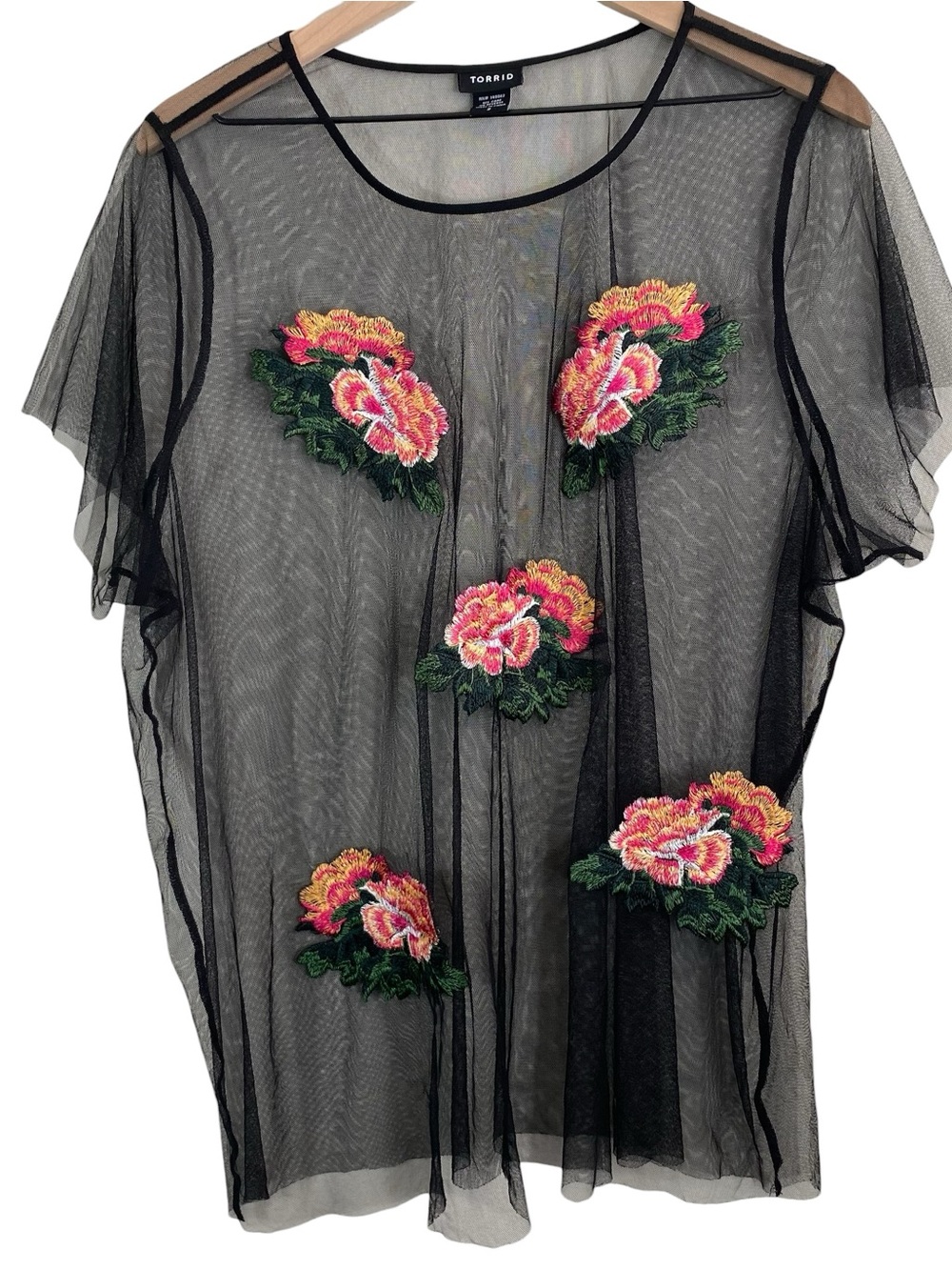 Torrid Womens Top Plus Size 2X Black Sheer Mesh Embroidered Floral Short Sleeve